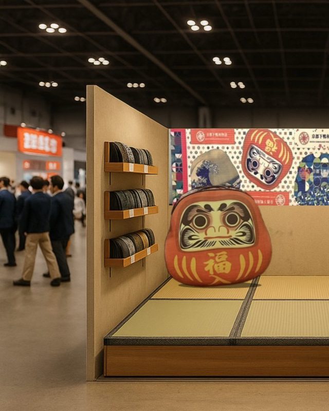 展示イメージパース...↓

達磨の畳がインパクト大。

テーブルや洋風なブースが連なる中、
和テイストなブースは来場者の足を止めます。

畳は古臭い、ダサいという印象を変えるモダン仕様。
腰掛けながらゆっくりと案内が出来る小上がりの作りは、
蓋を開けると、収納スペースとしても活用が出来ます。

何日も立ちっぱなしの展示会。
足元に畳があるだけで、脚の疲れは段違いです。
独自のクッション性が出展者の心身をサポートします。

そんな展示ブースはいかがでしょうか？
是非畳を色々な場所で活用してみてください。

#畳 #和室 #畳のある暮らし #京都下鴨物語