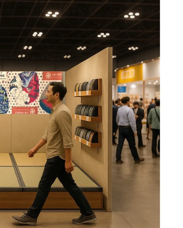 展示イメージパース...↓

テーブルや洋風なブースが連なる中、
和テイストなブースは来場者の足を止めます。

畳は古臭い、ダサいという印象を変えるモダン仕様。
腰掛けながらゆっくりと案内が出来る小上がりの作りは、
蓋を開けると、収納スペースとしても活用が出来ます。

何日も立ちっぱなしの展示会。
足元に畳があるだけで、脚の疲れは段違いです。
独自のクッション性が出展者の心身をサポートします。

そんな展示ブースはいかがでしょうか？
是非畳を色々な場所で活用してみてください。

#畳 #和室 #畳のある暮らし #京都下鴨物語