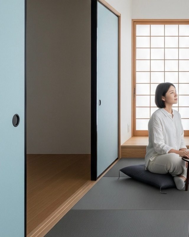 黒色の畳...↓

障子の和紙が白い光を部屋に広げて、
襖の青色をアクセントに、
シックな黒の畳が空間を引き締めます。

クールやシックな空間デザインを作りたい時に人気の、
#気分草快 （きぶんそうかい）ブラック。

和紙素材の人工い草で黒色もありますが、
樹脂素材のこの畳はより深い黒のデザインとなっています。

畳を活かした空間づくり。
是非検討してみてください♪

#畳 #畳のある暮らし #和室